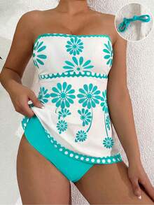 Swim Lushoire 2pcs Women's High Elasticity Green White Floral Print Bikini Set,Bandeau Top&Solid Triangle Bottom,Boho Summer Holiday Pool Party Elegant Swimwear - Multicolor - View 1