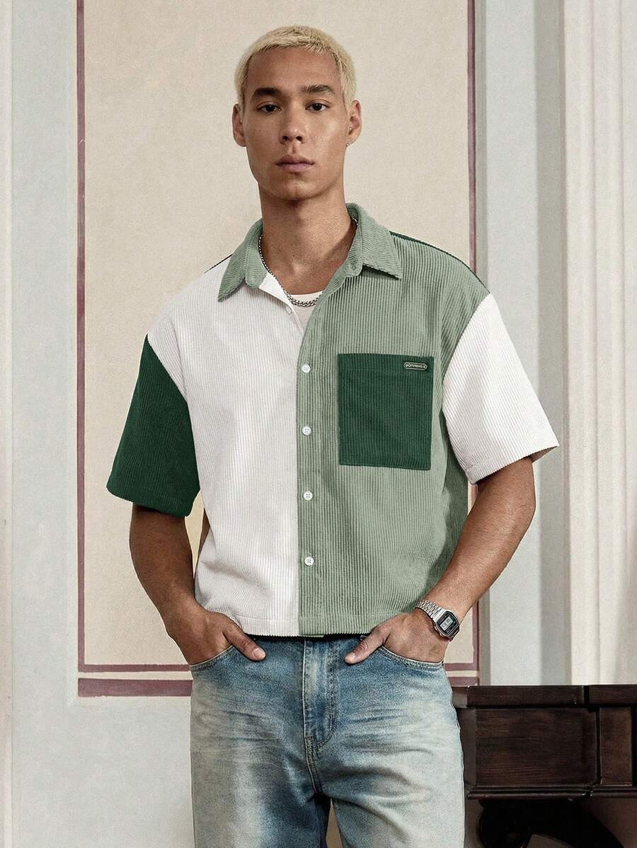 SWAVVY 春夏季男士拼接燈芯絨短袖襯衫 - 彩色 - 查看 1