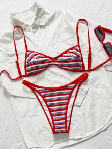 SHEIN Swim Women's 2 Pieces Swimwear Set, Special Fabric Patchwork, Lace-Up Back, Summer Holiday Beach Wear Red And White Striped Coastal - Multicolor - View 3