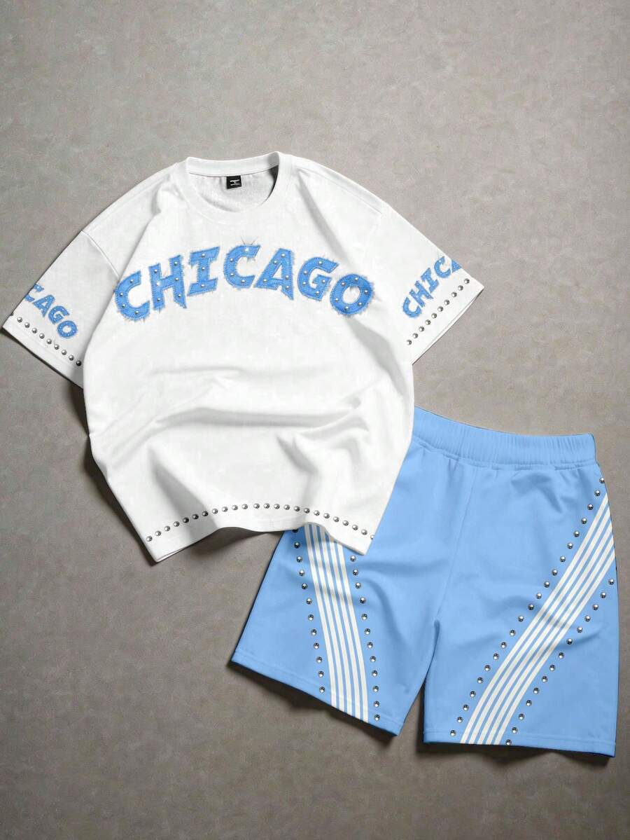 SHEIN Baby Boy Casual Simple Letter Print Short Sleeve T-Shirt And Shorts Set Suitable For Summer - Multicolor - View 1