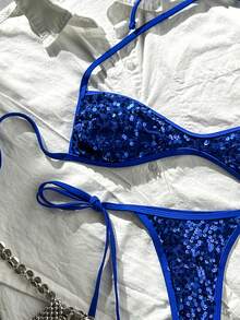 Costavie 2pcs Spring/Summer Beach Vacation Sequin Textured Fabric Halter Bandeau Top & Side Tie Thong Bikini Set - Royal Blue - View 4
