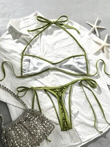 Costavie 2pcs Spring/Summer Beach Vacation Sequin Textured Fabric Halter Bandeau Top & Side Tie String Thong Bikini Set - Olive Green - View 2