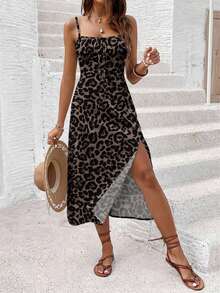 SHEIN Frenchy Women's Spaghetti Strap Leopard Print Pattern Sexy Hot Girl High Slit Midi Dress - Multicolor - View 5