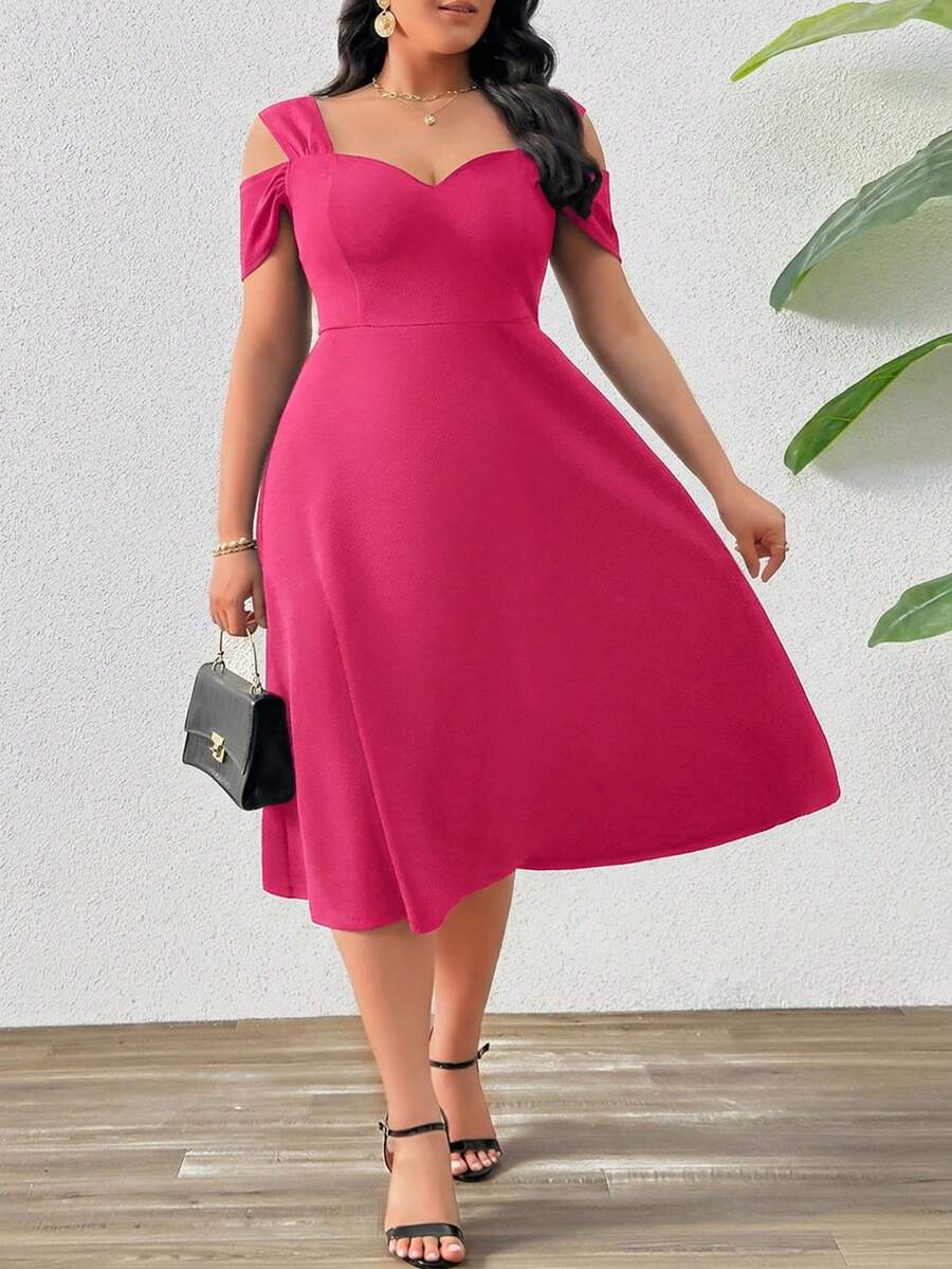 SHEIN Privé 大尺碼女款亮粉色優雅夏季婚禮伴娘露肩V領鏤空A字收腰法式傘裙 - 玫紅色 - 查看 1