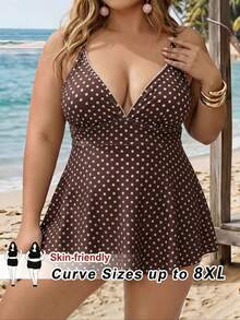 SHEIN CURVE+ 大尺碼女款夏季海灘度假波點印花分體式比基尼泳衣 - 棕色 - 查看 1