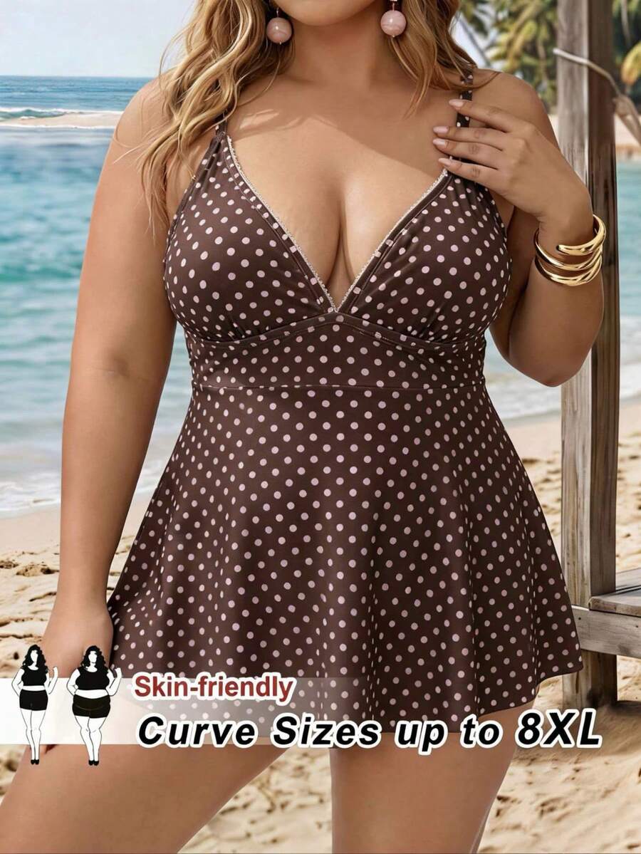 SHEIN CURVE+ 大尺碼女款夏季海灘度假波點印花分體式比基尼泳衣 - 棕色 - 查看 1