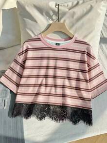 Comfortcana Plus Size Women Striped Short Sleeve Lace Hem Casual T-Shirt - Multicolor - View 4