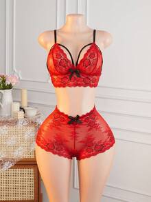 Crystal Vow 女款性感蕾絲內衣套裝 2件組 - 酒紅色 - 查看 3