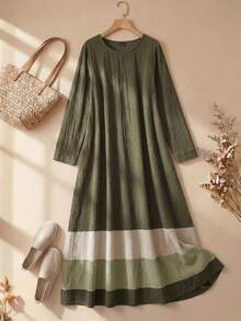 SHEIN LUNE Vestido longo de manga comprida com decote redondo e blocos de cor para mulher, primavera/outono - Verde - Ver 1
