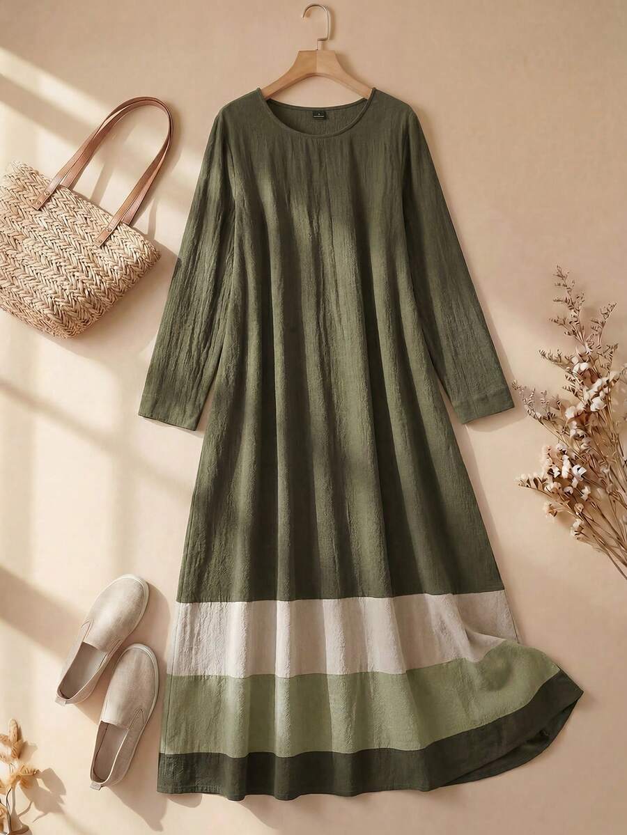 SHEIN LUNE Vestido longo de manga comprida com decote redondo e blocos de cor para mulher, primavera/outono - Verde - Ver 1