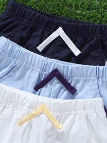 Souflis Souflis 3pcs/Set Toddler Infant Baby Boys Casual Pocket Elastic Waist Shorts, Decorative Rope, Side Stripe Design, Versatile All-Match Fit, Sun Protection, Cool Touch, Suitable For Daily, School, Vacation Travel, Sports - Purple - View 4