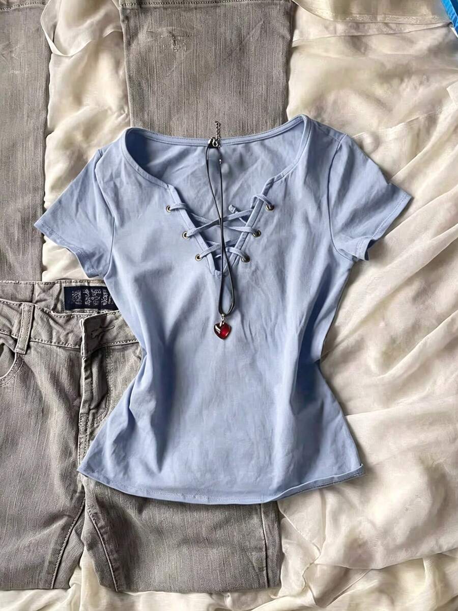 Franclia 女款休閒素色繫帶T恤上衣 - 淺藍色 - 查看 1