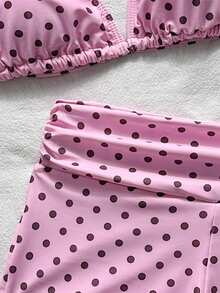 SHEIN 青少年女孩黑白條紋紋理掛脖式分體泳衣上衣，適合游泳、度假、海灘穿著，兒童泳裝套裝，夏季假期 - 粉色 - 查看 5