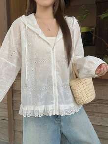 DAZY Women's Hooded Long Sleeve Loose Textured Fabric Lace Patchwork Casual Vacation Style Regular Jacket - White - View 3