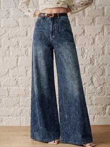 Anewsta Essential Fashionable New Street Style Women's Blue Denim Wide Leg Pants - Blue - View 5