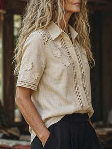 Zayélia Women's Lapel Short Sleeve Shirt, Lace Spliced Design, Button Decor, Casual Daily Commute Holiday Vacation Tops, Ladies Wear Cutout - Apricot - View 4