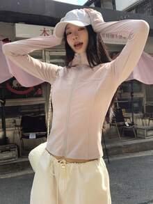 DAZY Outdoor Summer Autumn Stand Collar Long Sleeve Zipper Solid  Sheer Lightweight Sports Jacket Gym Athleisure Pink - Grey - View 5