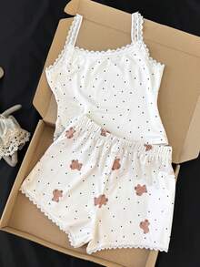 SHEIN Dozemod Kids Tween Girl Simple Floral Pattern Ribbon Bow Lace Trim Camisole Top And Shorts Black And White Polka Dot Slim Fit Pajama Set 2pcs Sleeping - White - View 2