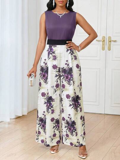 SHEIN Lady Women's Floral Print Round Neck Sleeveless Elegant Wide Leg Jumpsuit For Vacation