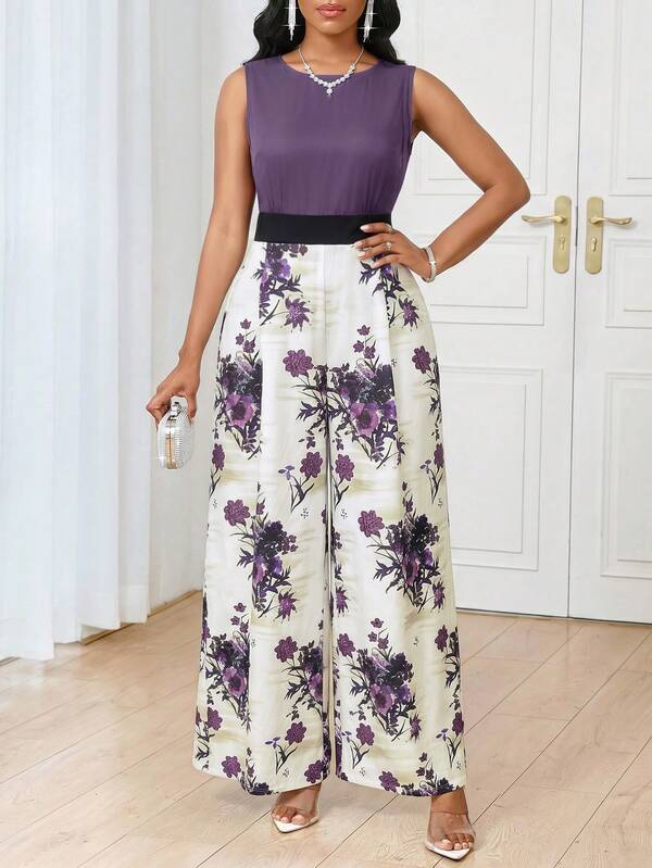 SHEIN Lady Women's Floral Print Round Neck Sleeveless Elegant Wide Leg Jumpsuit For Vacation