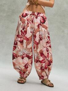 Bohemela Casual Woven Printed Loose Fit Women's Long Pants Beach Panlakad Burgundy Autumn - Multicolor - View 8