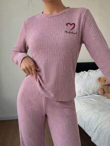 Lotus Root Pink Round Neck Embroidered Comfortable Long Sleeve Pants Women Pajama Set - Dusty Pink - View 5