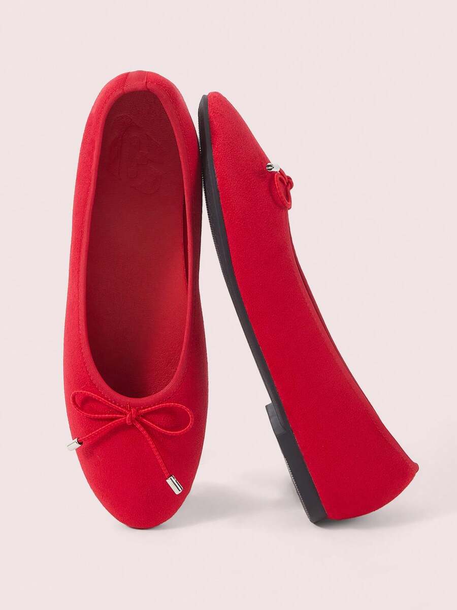 CUCCOO DOLLMOD Women's Shoes Round Toe Red Suede Texture Comfortable Bow Ballet Flats, Soft Imitation Suede Casual Shoes, Weddings, Parties, Daily Wear - Bordeaux - View 1