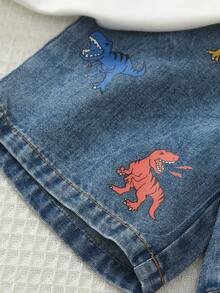 SHEIN Playful Pals 2件組小男孩夏季新款俏皮休閒白色恐龍圖案印花短袖圓領T恤與水洗牛仔短褲，對比色牛仔口袋+彩色恐龍印花設計，親膚柔軟面料，適合日常通勤、戶外玩耍、遊樂園、家庭活動、開學季，春夏季適用 - 白色 - 查看 6