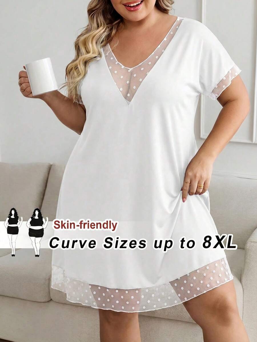 SHEIN CURVE+ Plus Size Women's Mesh Spliced White Dress Loose Elegant Western Casual Holiday Summer Office Date Night Formal Lounge Brunch Business - White - View 1