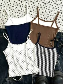 [Random 4 Vest, Send 1 Vest]Maillard Color Palette, Vintage Polka Dot Print Pattern, Tween Girl Casual Simple Spaghetti Strap Fitted Tank Top Summer - White - View 2
