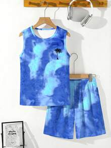 Tween Boy Casual Simple Fashion Versatile Tie-Dye Vacation Style Beach Leisure Sporty Loose Soft Comfortable Tank Top & Shorts 2pcs Set Suitable For Spring And Summer - White - View 2