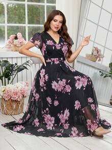 Reflora 大尺碼女款優雅花卉印花洋裝，夏季婚禮賓客禮服 - 黑色 - 查看 3