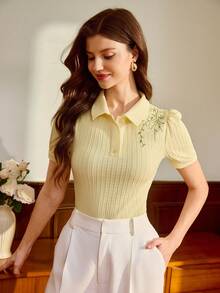 Vintamour Camiseta polo elegante vintage para mujer, de punto jacquard con textura, estampado floral pequeño, bordada, con botones, casual para ir al trabajo, vacaciones y días festivos - amarillo ganso - Ver 4