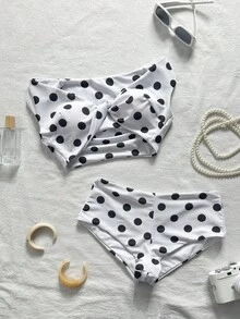 Bonvoyette Heart-Shaped Neckline Polka Dot Ice Silk Print Soft Fabric Twisted Cup Cute Bikini Two-Piece Swimsuit - Multicolor - View 4