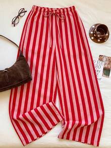 SHEIN EZwear 女款休閒腰綁帶直筒長褲，彩色條紋，街頭風，適合日常通勤、約會、派對、秋冬春夏、聖誕節、新年、感恩節、婚禮、海灘、畢業典禮，時尚優雅休閒，適合外出約會通勤 - 彩色 - 查看 5