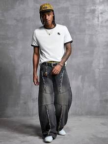 Manfinity Denimwave 男士經典百搭白色黑領短袖T恤，極簡時尚休閒馬標設計圓領T恤，足球 - 彩色 - 查看 6