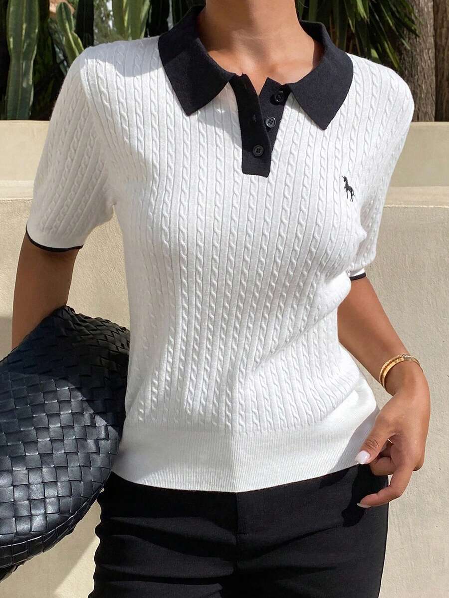 DAZY 拼接對比圖案刺繡寬鬆短袖休閒度假夏季女款針織上衣 - 白色 - 查看 1