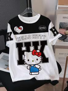 HELLO KITTY AND FRIENDS | SHEIN 青少年女孩圓領卡通圖案短袖T恤 - 白色 - 查看 3