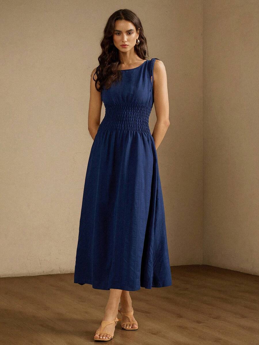 Briarwyn Summer Women's Solid Color Pleated Waist Tie Decor Elegant Tropical European Long Vest Dress Vacation Navy Blue Graduation Work Brunch - Blue - View 1