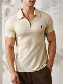 TONEVAULT Men's Half-Zip Casual Versatile Daily Travel Short Sleeve T-Shirt - Khaki - View 3