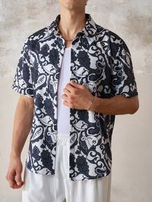TONEVAULT TOPS Summer Festival Men's Floral Paisley Shirt Streetwear Tropical Vacation Navy And White - Multicolor - View 4