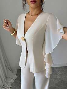 Selianne Summer French Elegant Exquisite V-Neck Casual Commute Chiffon Ruffle Sleeve Exaggerated Metal Button Decor Jacket And Long Pants 2pcs Set Office White - Apricot - View 6