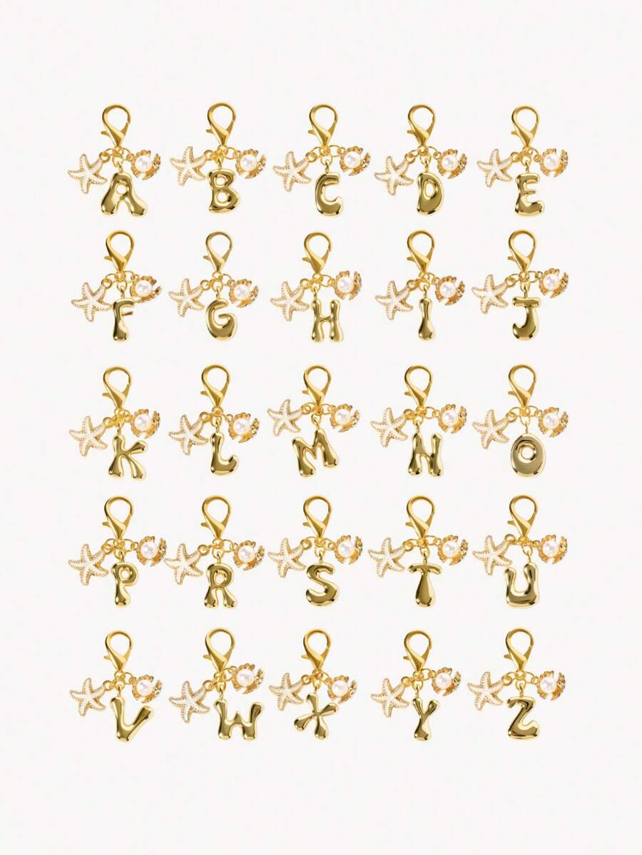 Opalesca 1pc A-Z Alphabet Gold Bubble Letter Cute Pendant Keychain, Shell And Starfish Accessories, Keychain, Ring Bag, Backpack Pendant, Car Pendant - Multicolor - View 1