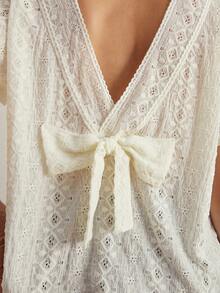 Freevana Women's French Romantic Vacation Style | White Eyelet Embroidery Short Sleeve Blouse - Sweet Deep V Open Back With Bow Tie Top - White - View 3