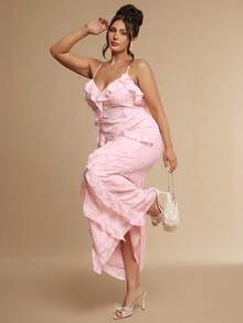 SHEIN BAE CURVE Plus Size Women's Pink Floral Chiffon Cut-Out Long Dress Lotus Leaf Romance Casual Formal Elegant Ruffle Tiered Spaghetti Strap Maxi For Wedding - Pink - View 4