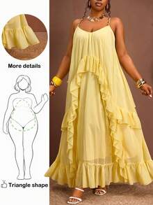 Truni Plus Size Loose Ruffled Strap Dress For Summer Vacation, For Pear And Triangle Wedding Guest Butter Yellow Elegant - Orange - View 1