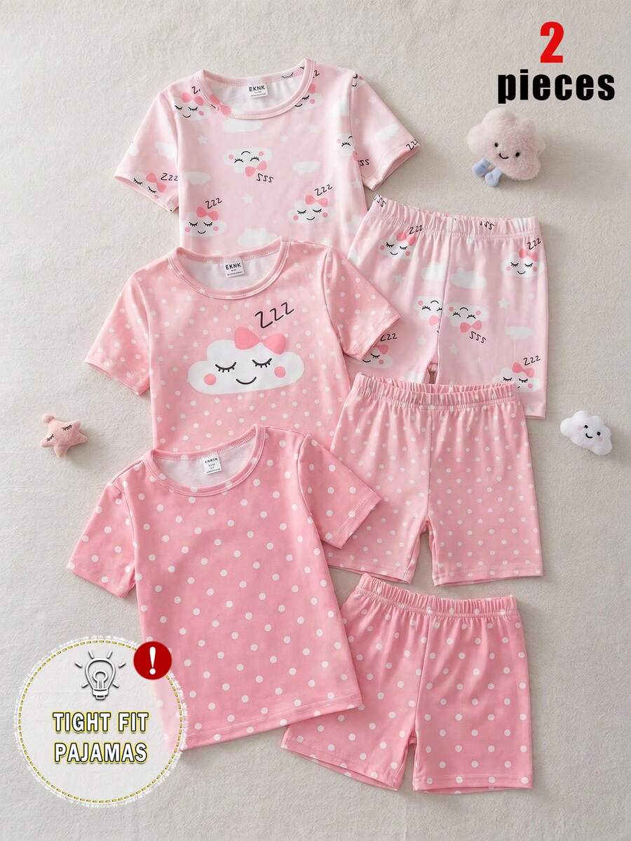 Summer Young Girl Spring/Summer Knit Round Neck Short Sleeve Shorts Small Polka Dot Retro All-Over Digital Print Versatile Bestselling Pattern Top And Bottom 2-Piece Set Comfortable Soft Tight Pajamas Homewear - Pink - View 1