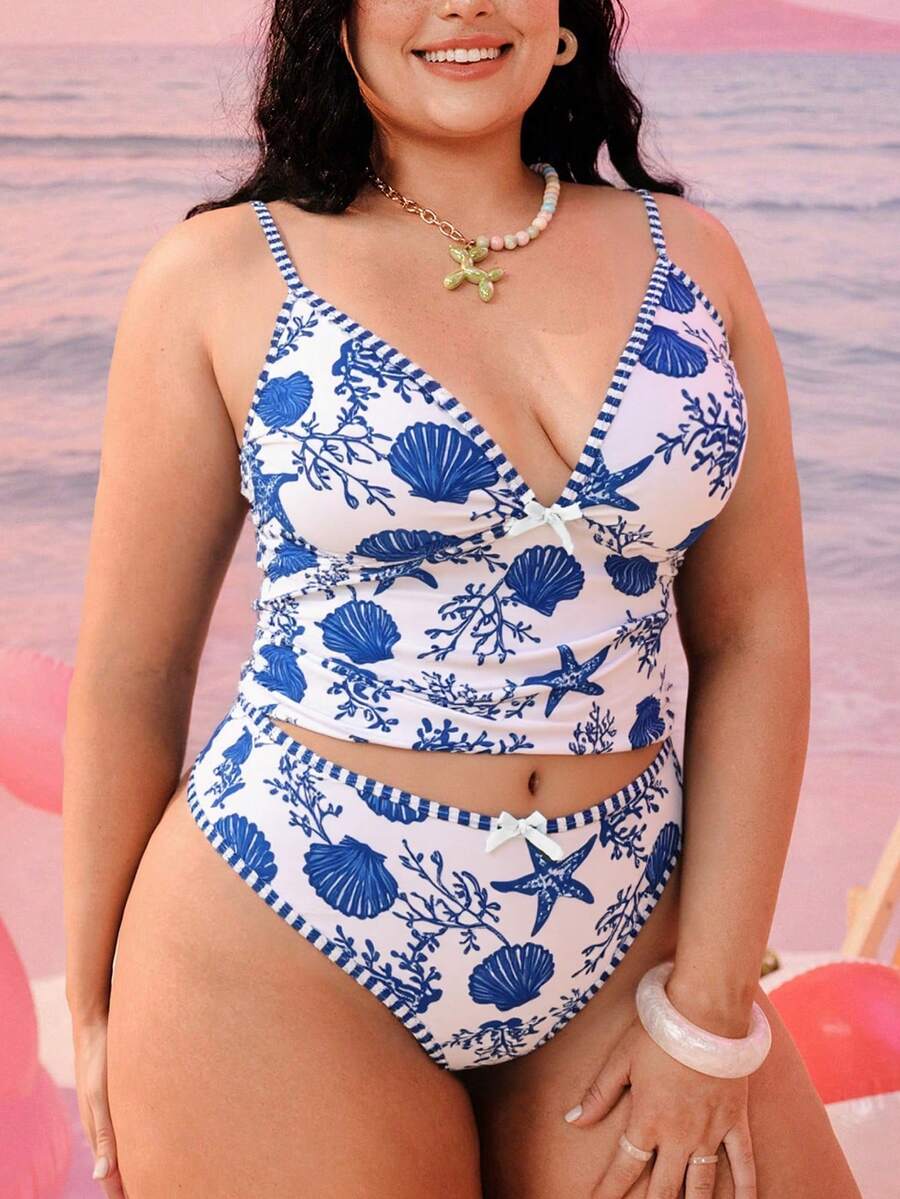 Swim Mod 大尺碼女款 2 件式隨機幾何方格印花時尚度假顯瘦收腹保守蝴蝶結高腰比基尼 海軍藍 夏季 - 藍色 - 查看 1