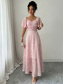 Modelyn Pink Cut-Out Batwing Sleeve Ruched Summer Sweet French Style Midi Dress For Women - Pink - View 6