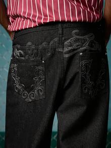 EVRINFINITE Jeans anchos y sueltos con bordado de moda casual para hombres - Negro - Ver 5